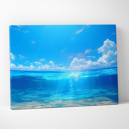 Anime ocean horizon canvas wall art print showing blue ocean and sky with split view of water surface and underwater rays