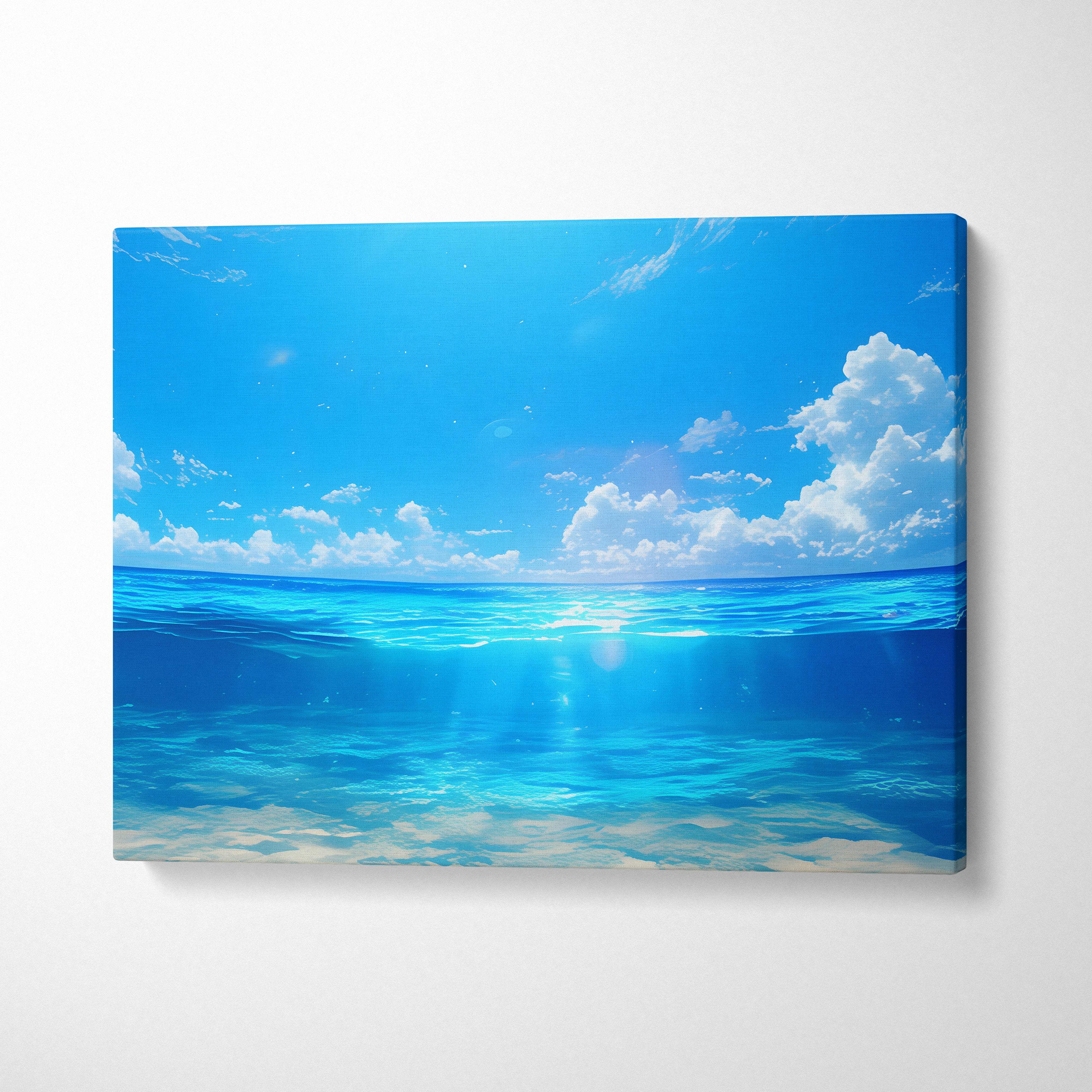 Anime ocean horizon canvas wall art print featuring a split view tropical sea and blue sky with sunlight filtering through water