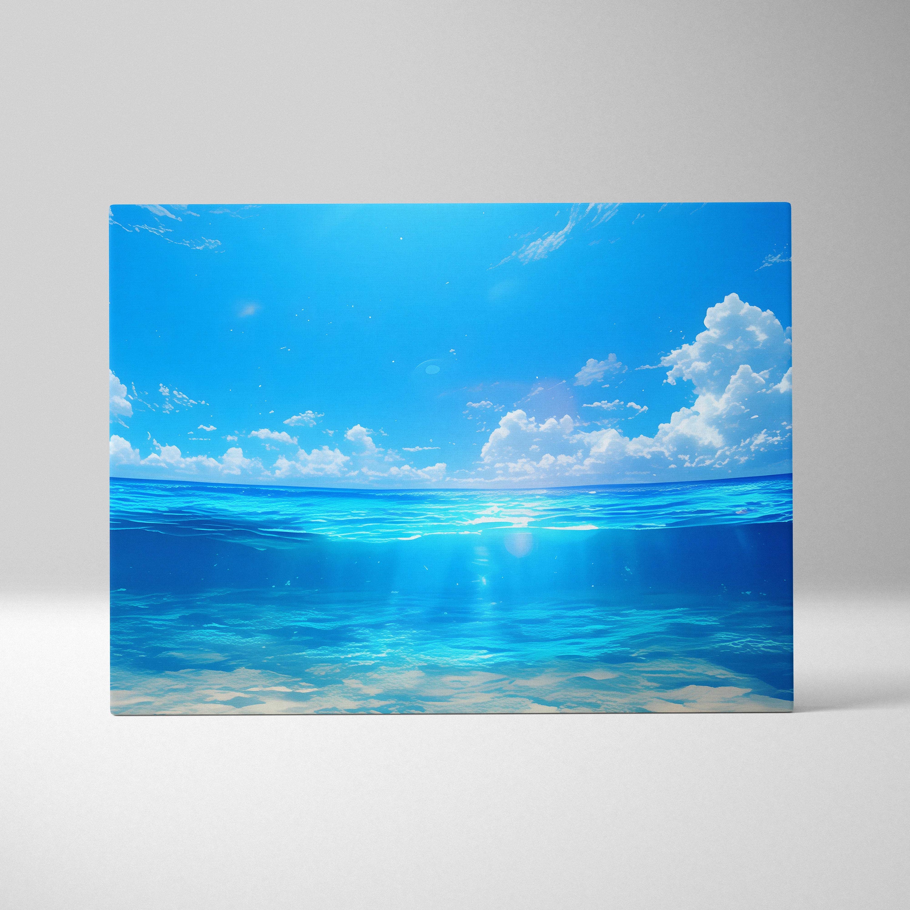 Anime ocean horizon canvas wall art print featuring a split view of tropical blue sea and sky for coastal decor