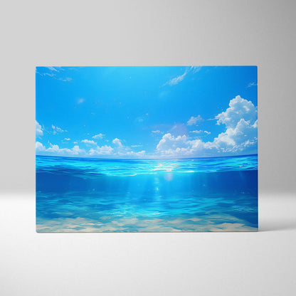 Anime ocean horizon canvas wall art print featuring a split view of tropical blue sea and sky for coastal decor