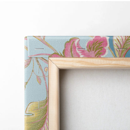 Light blue floral canvas frame with wood border, pink blossoms and sage leaves