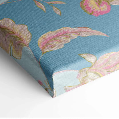 Vintage floral canvas wall art with pink blossoms, sage leaves on soft blue background