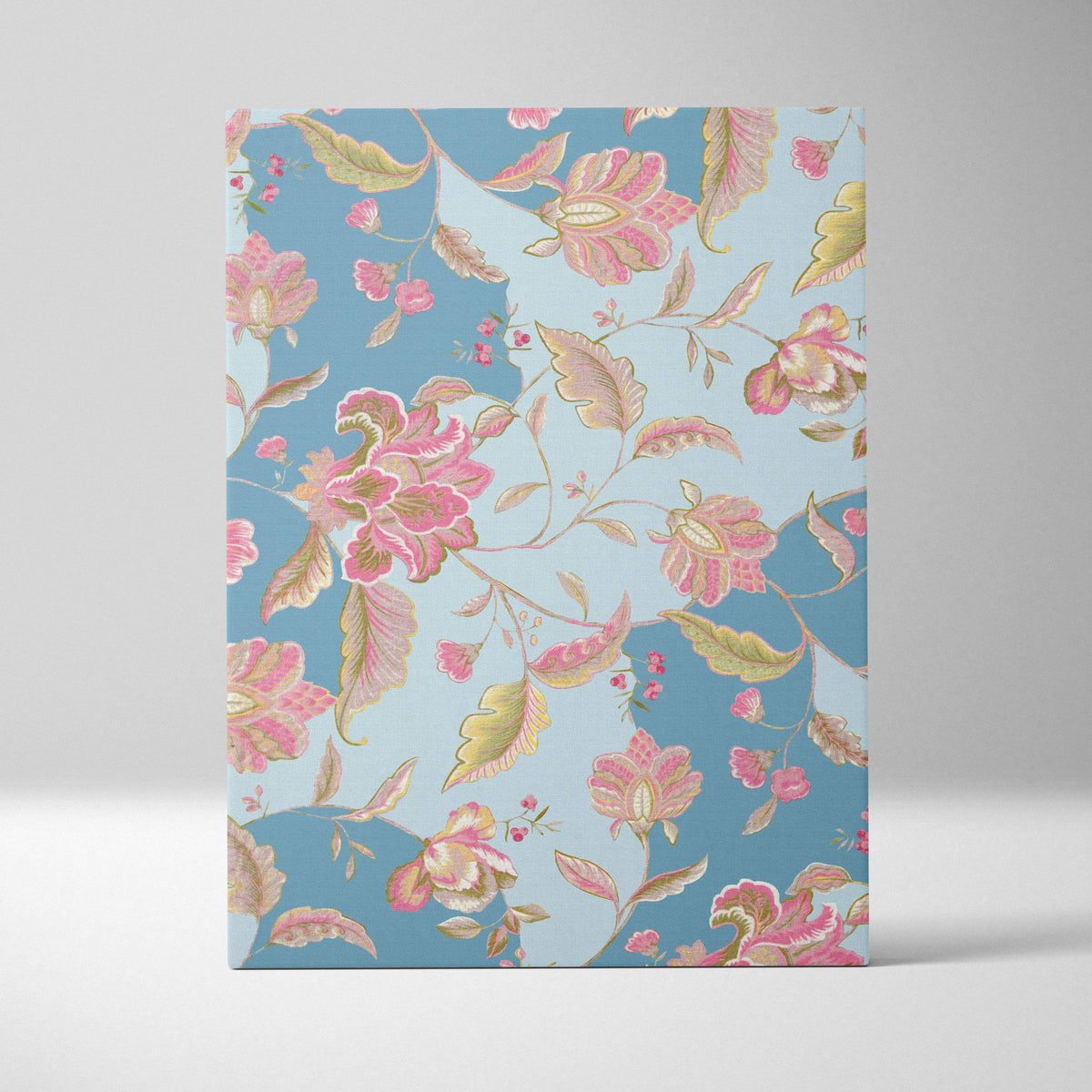 Vintage floral notebook with pink blossoms, gold vines on light blue cover