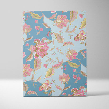 Vintage floral notebook with pink blossoms, gold vines on light blue cover