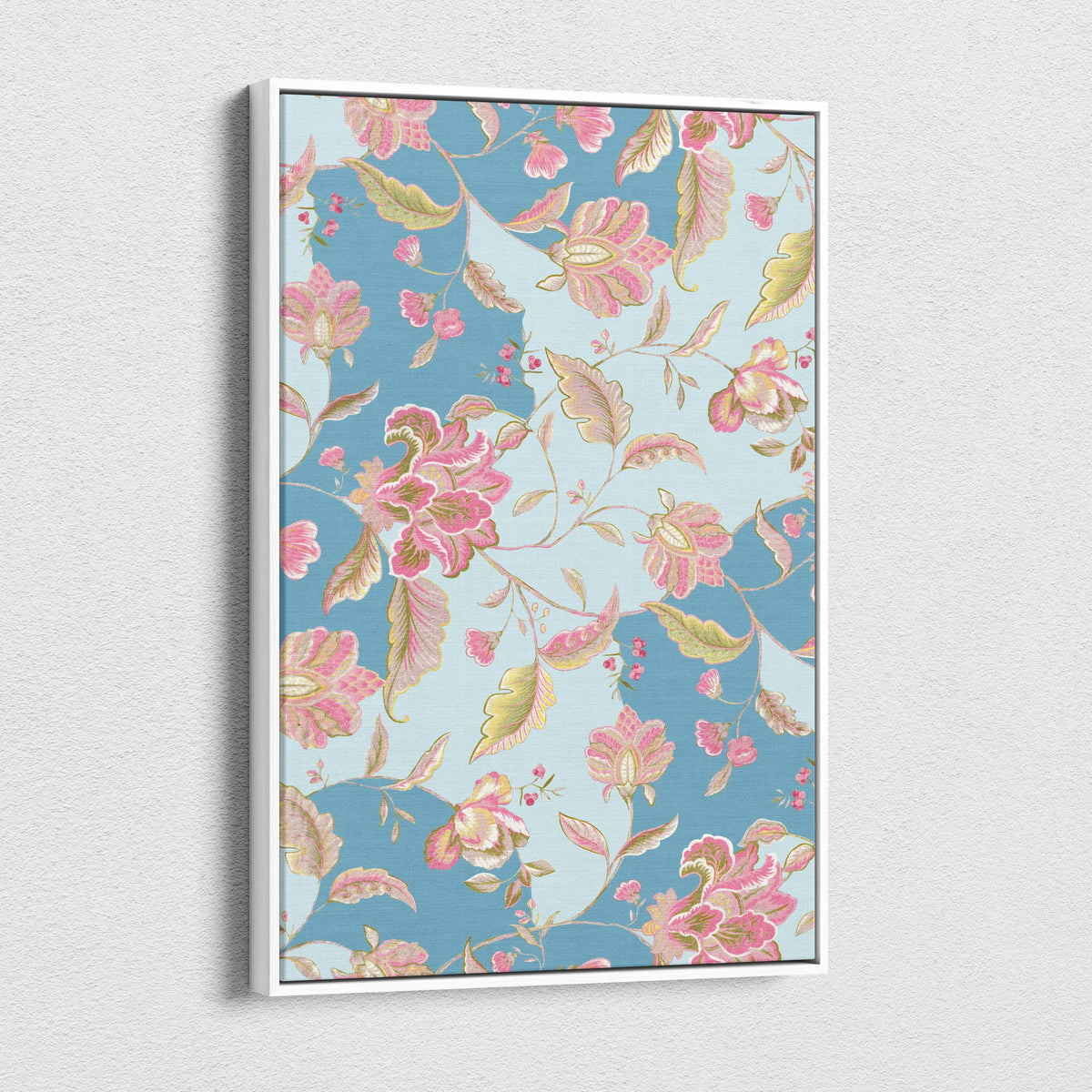 Vintage floral canvas wall art with pink blossoms, sage leaves on soft blue background in white frame