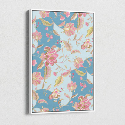 Vintage floral canvas wall art with pink blossoms, sage leaves on soft blue background in white frame