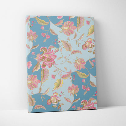 Vintage floral canvas wall art with pink blossoms, sage leaves on soft blue background