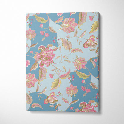 Vintage floral canvas wall art with pink blossoms, sage leaves, gold vines on soft blue background