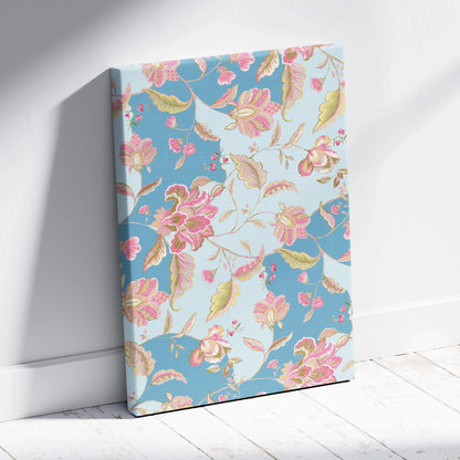 Vintage floral canvas wall art with pink blossoms, sage leaves, gold vines on blue background