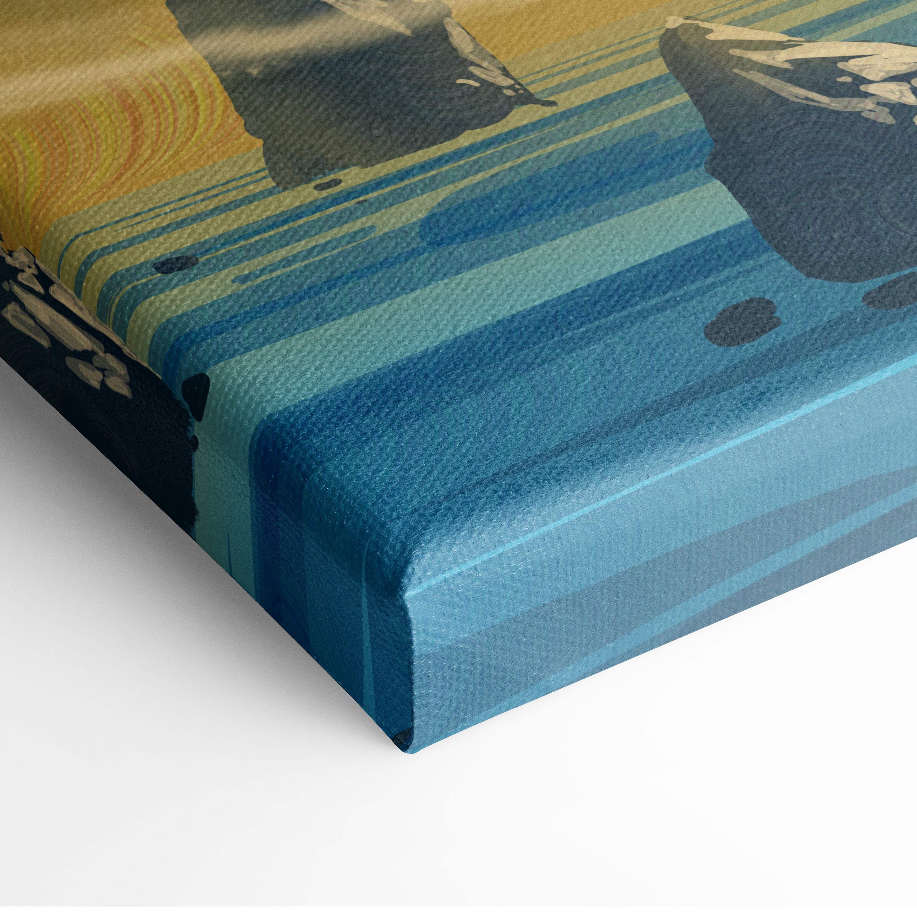 Dragon fantasy canvas print with bold blue teal and yellow stripes and dark bird silhouettes in cinematic adventure style