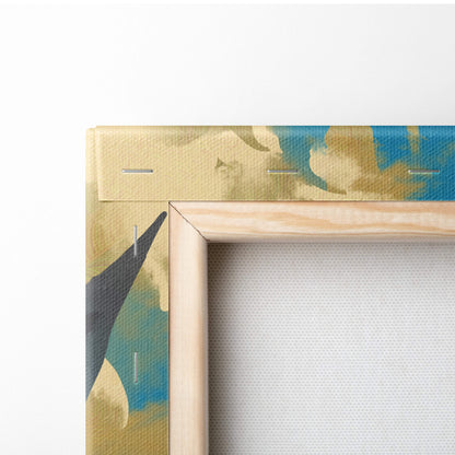 A light wood-framed dragon fantasy canvas print with textured gold blue and black abstract brushstrokes wall art
