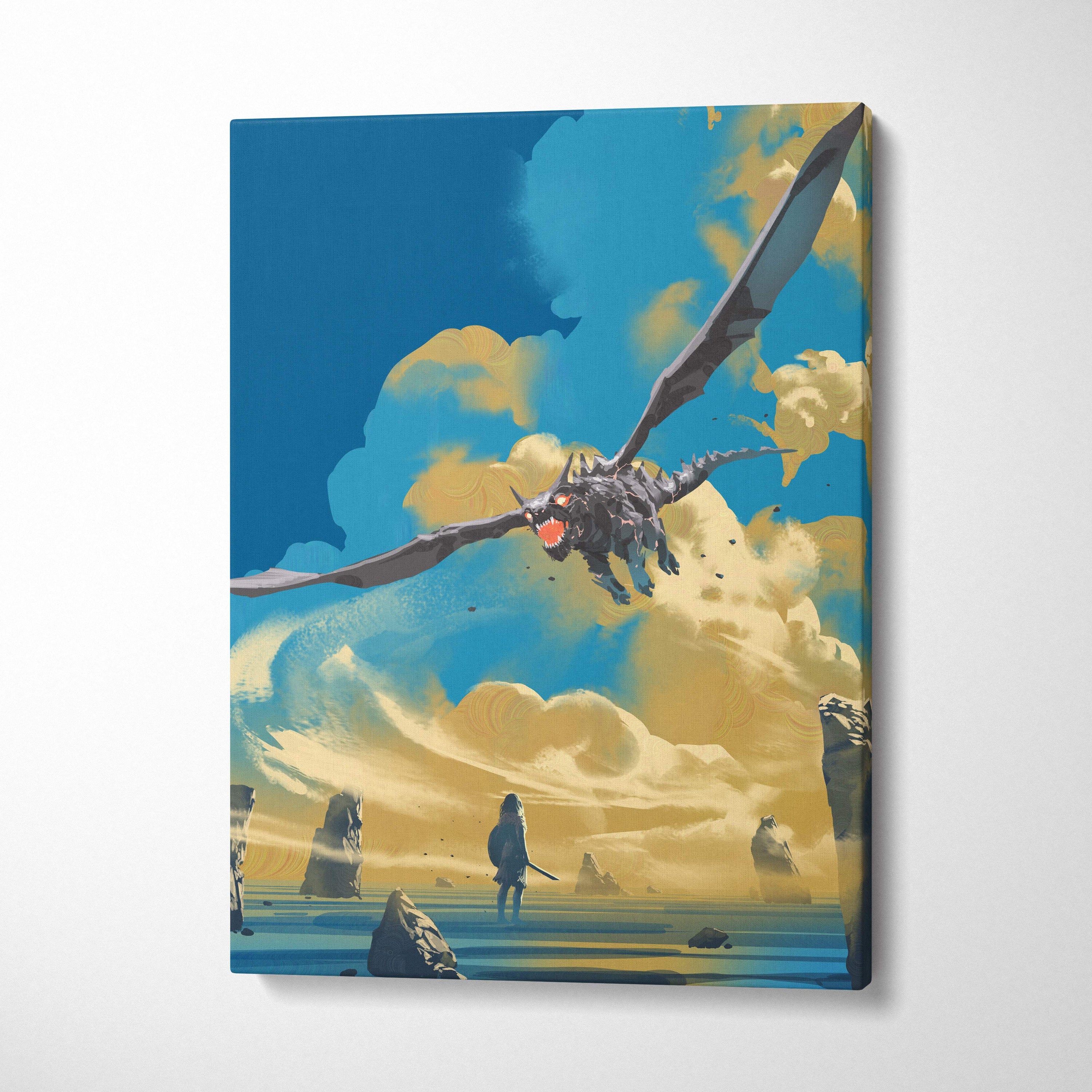 A vibrant dragon fantasy canvas print with blue gold sky and a lone figure on rocky terrain wall art