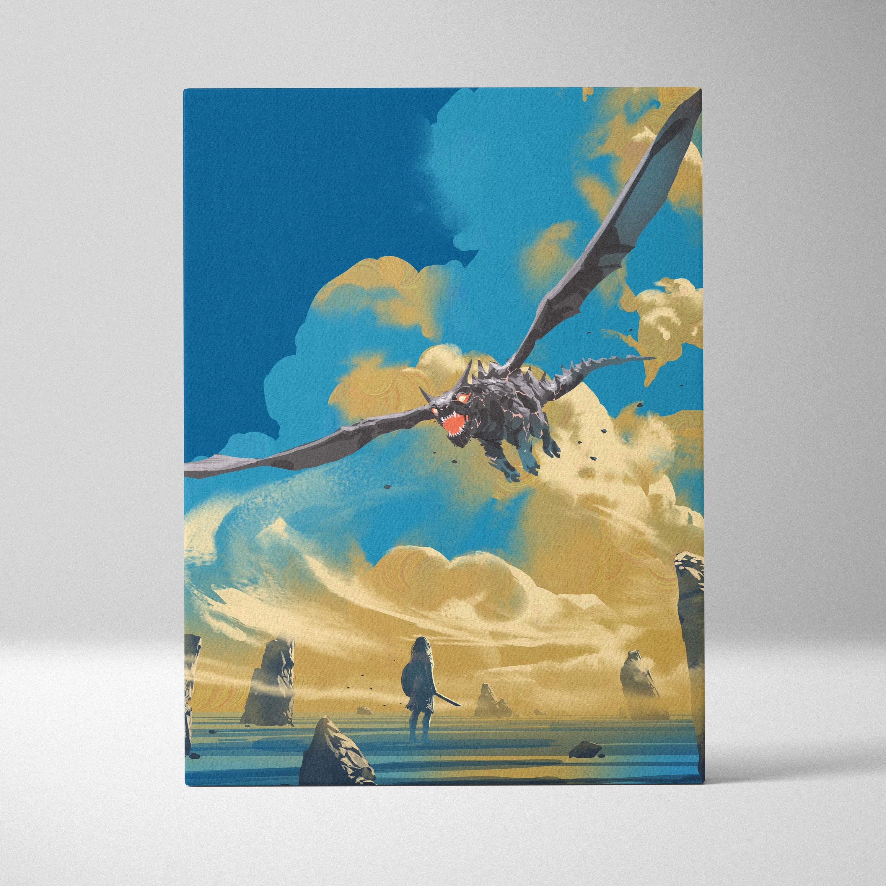 Dragon fantasy canvas print of a dark winged dragon soaring through blue and gold clouds above a lone figure