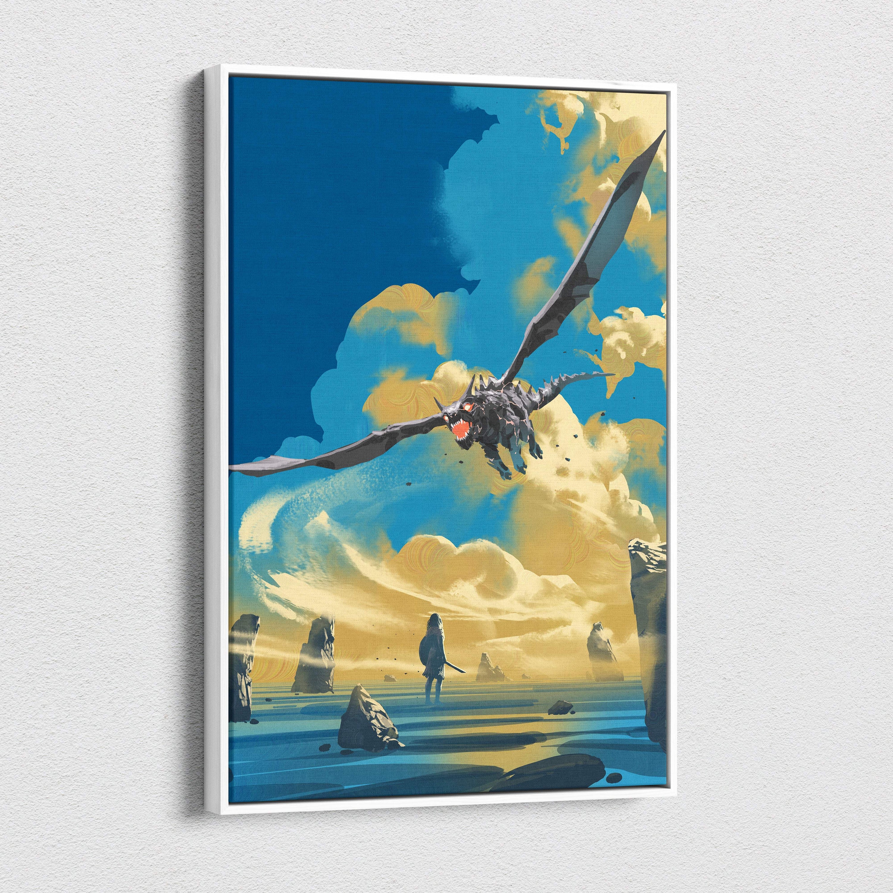 A framed dragon fantasy canvas print showing a dark winged dragon flying over a blue and golden sky above a lone warrior