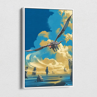 A framed dragon fantasy canvas print showing a dark winged dragon flying over a blue and golden sky above a lone warrior