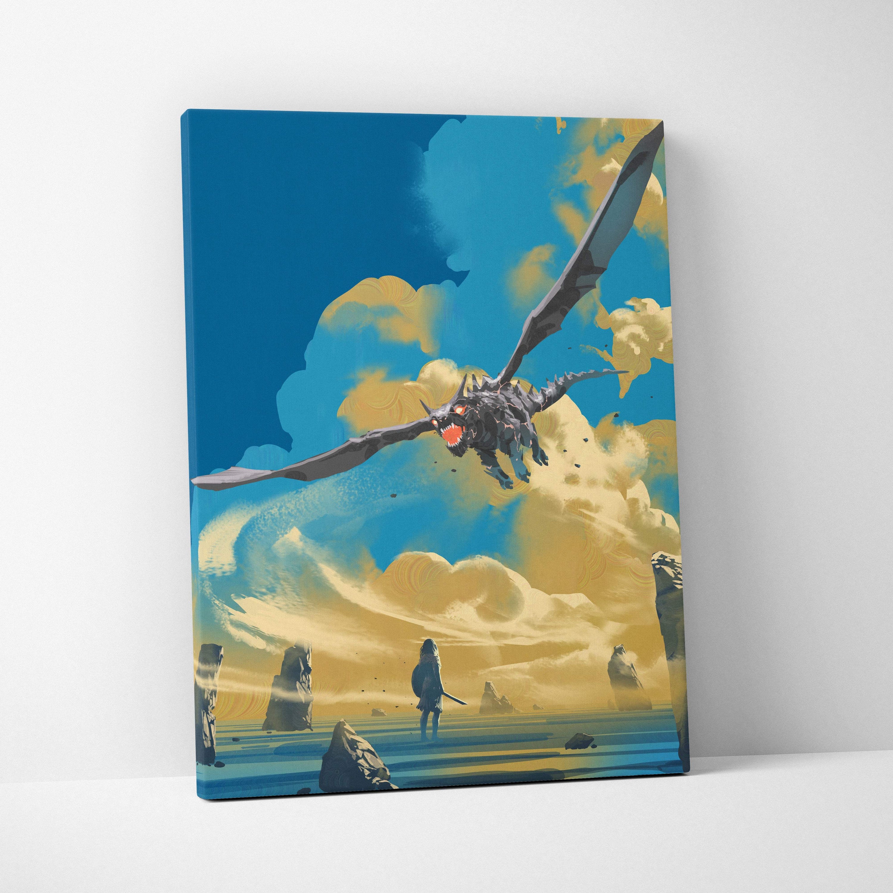 A vibrant dragon fantasy canvas print with blue and gold sky featuring a winged dragon above a desert warrior