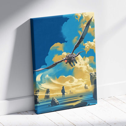 Vibrant blue and yellow dragon fantasy canvas print featuring a soaring dragon and lone figure over rocky terrain