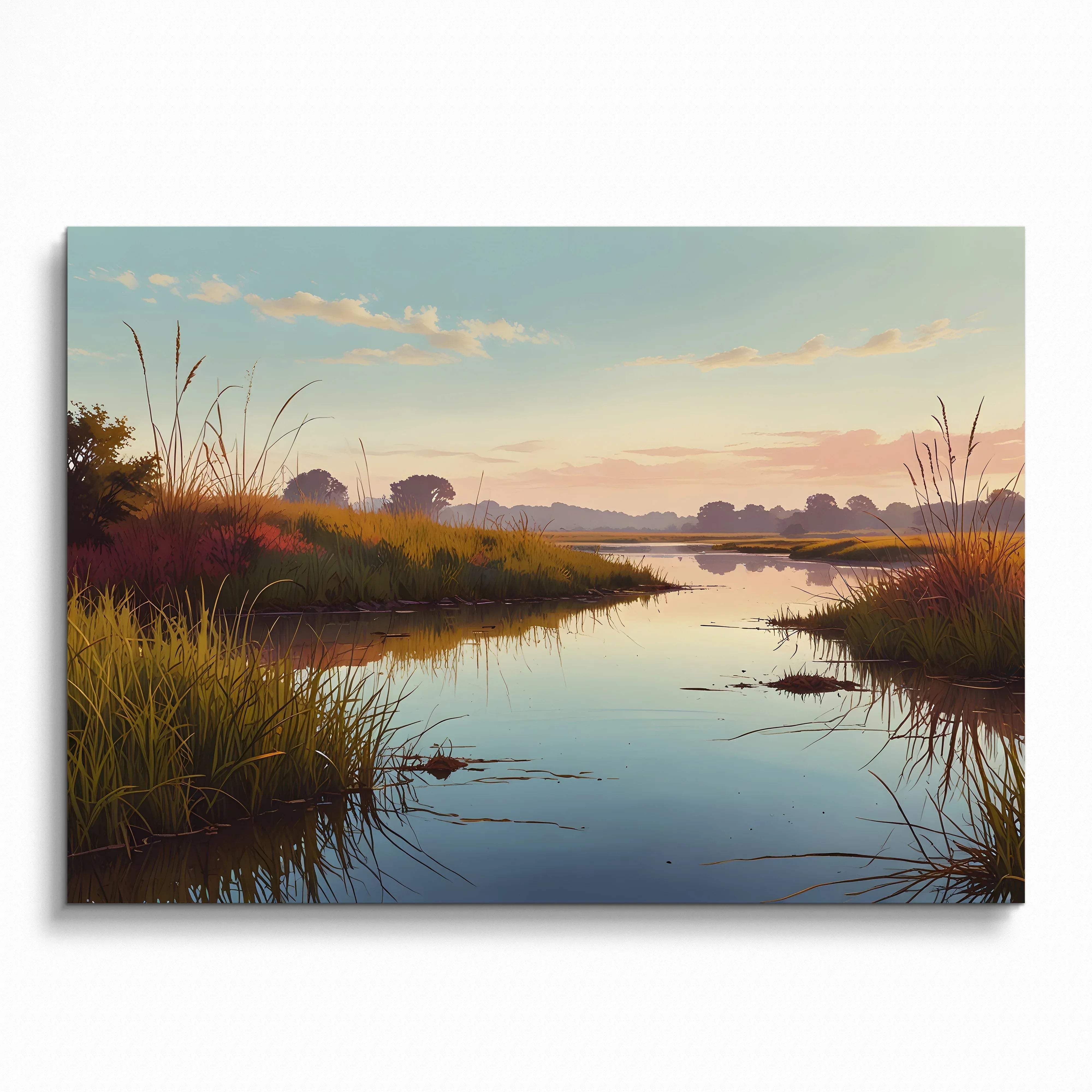 Serene nature watercolor poster featuring a tranquil river landscape at sunset, perfect wall art.