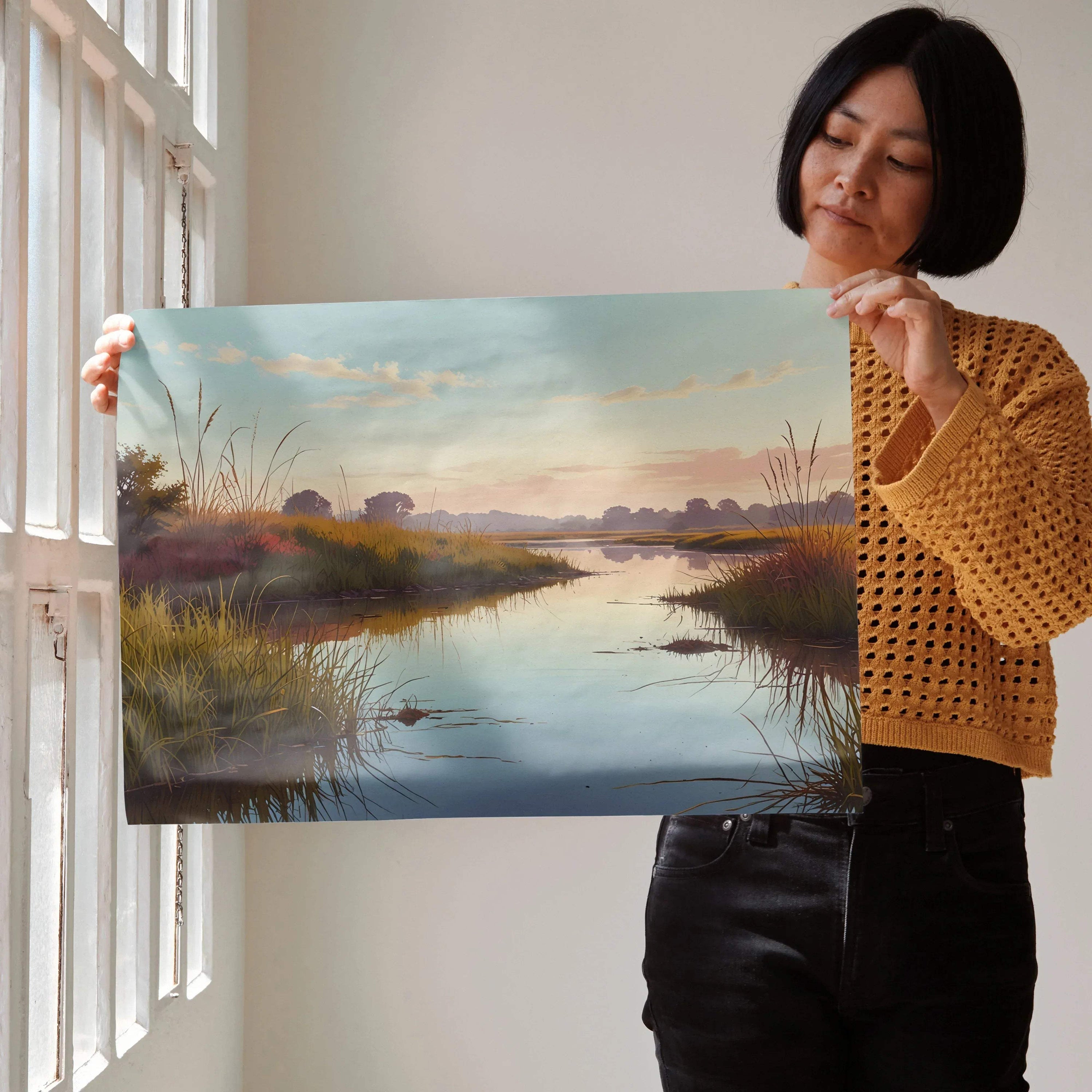 Serene Nature watercolor poster featuring a tranquil river scene with soft pastel sky, ideal for wall art and home decor.
