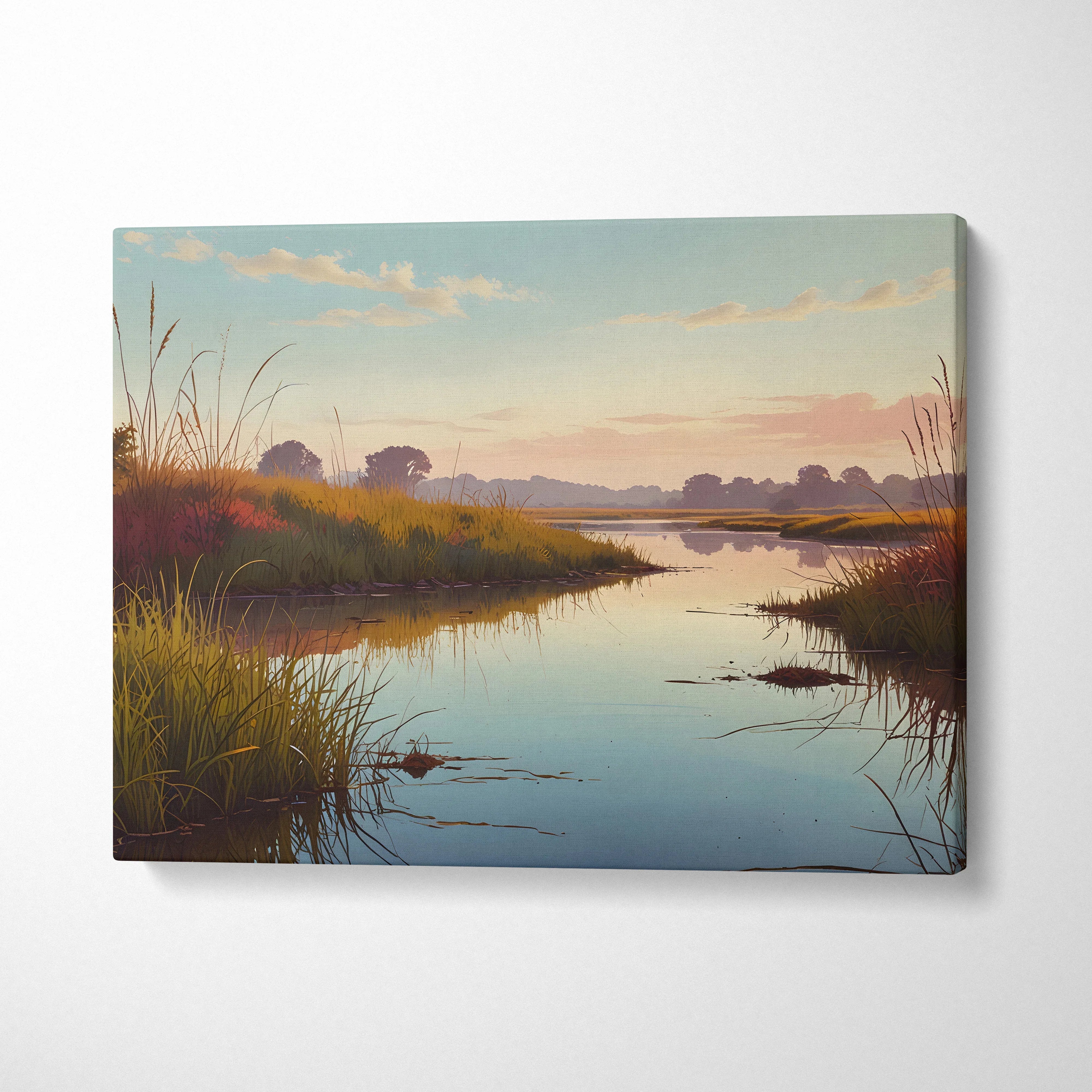 Sunset landscape canvas wall art featuring a calm river reflecting soft orange and blue sky tones.
