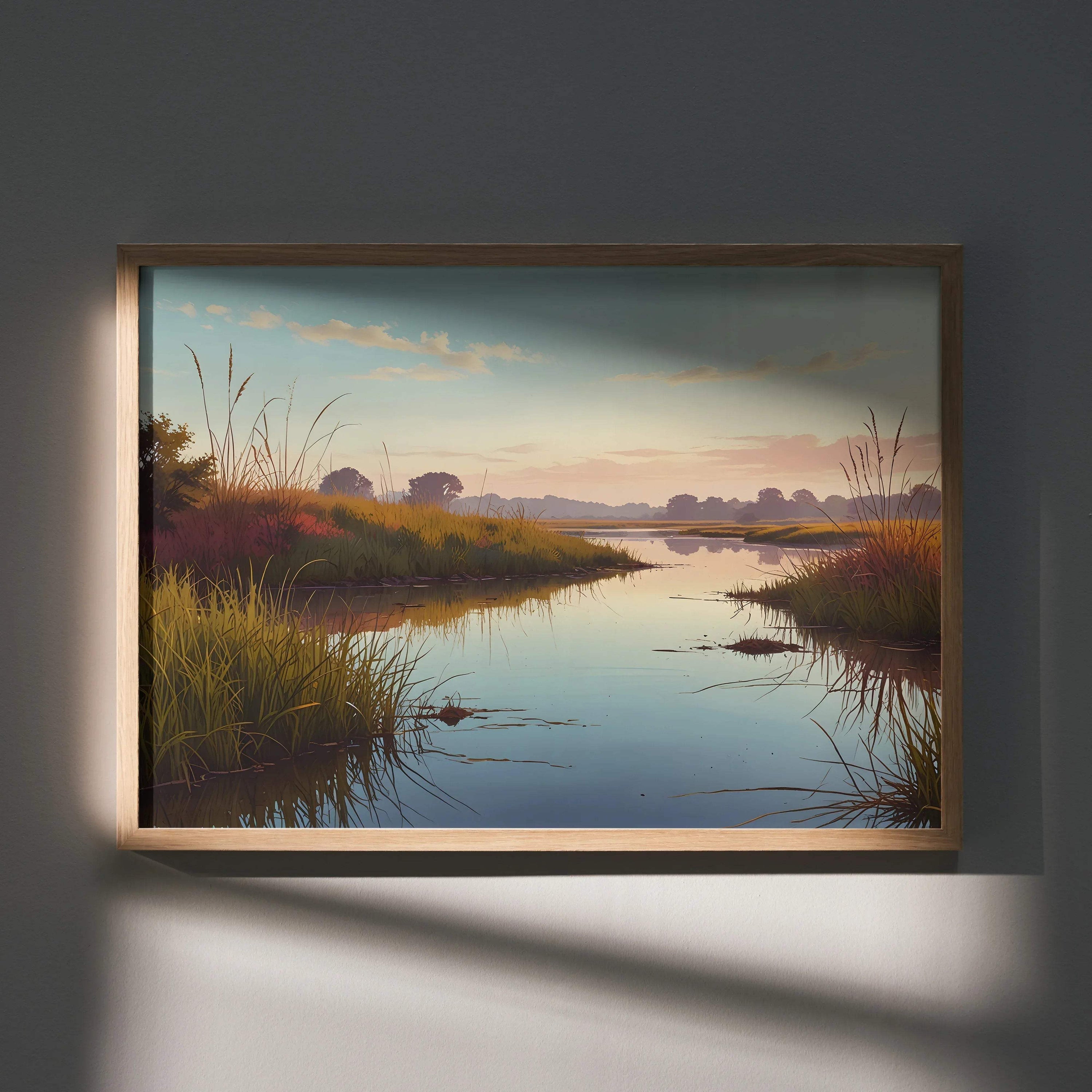 Serene nature watercolor poster featuring a calm river and soft pastel sky wall art.