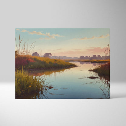 Sunset landscape canvas wall art with serene water reflections and soft watercolor tones.