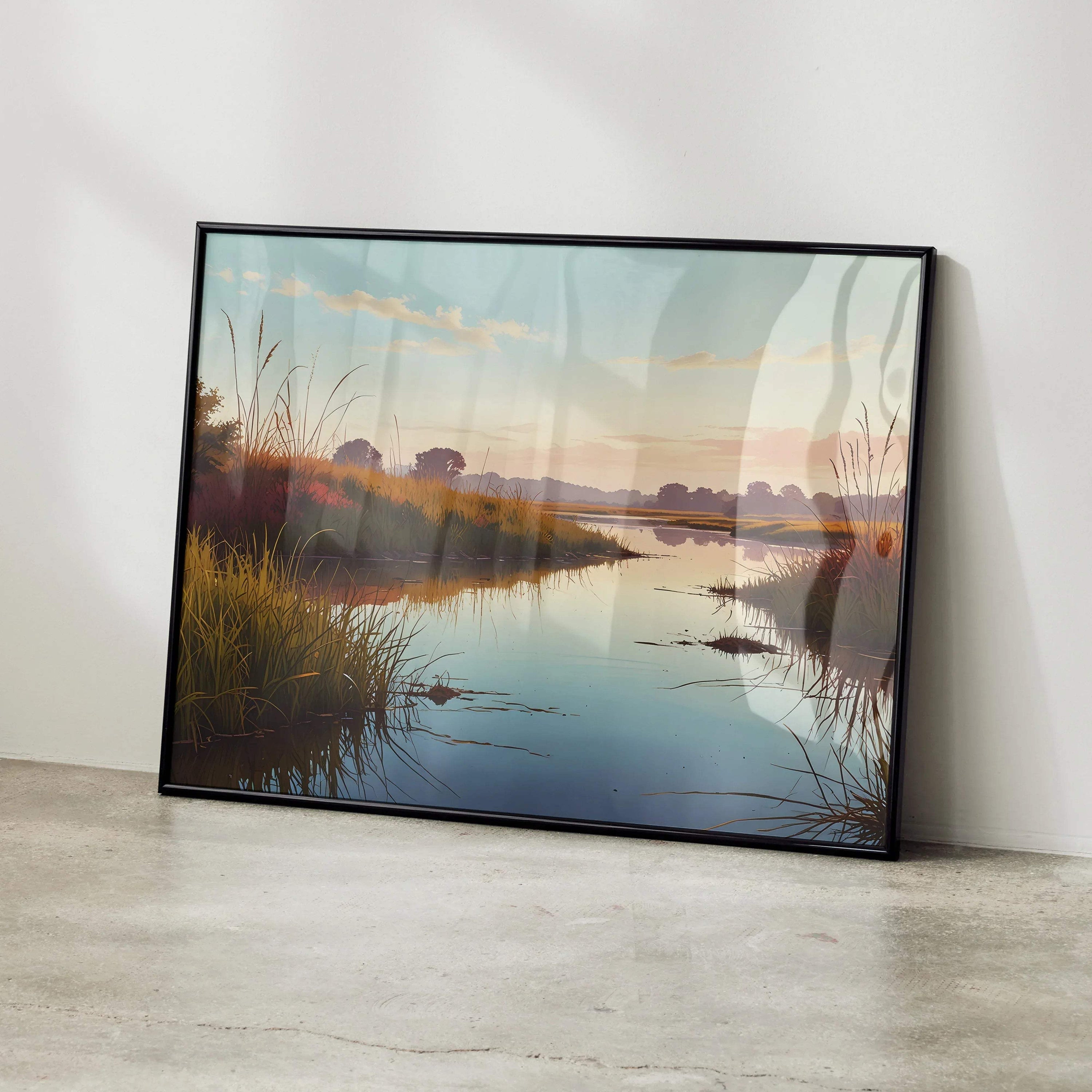 Serene nature watercolor poster with calm river and grasses reflecting soft sunset light, wall art in muted tones.