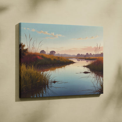 Sunset landscape canvas wall art with watercolor-style sky and reflective water.