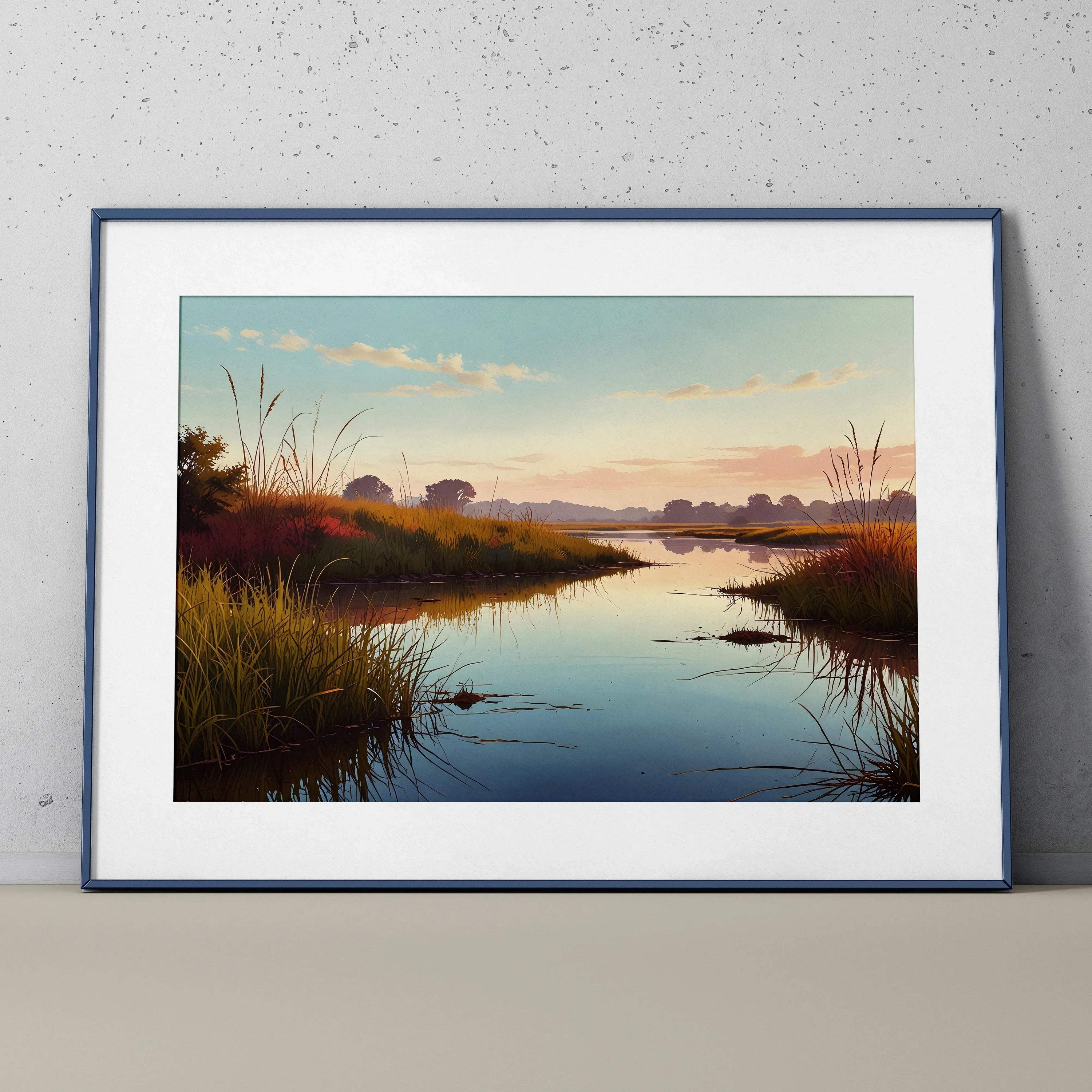 Serene Nature watercolor digital art poster with river, reeds, and soft pastel sky, framed wall art.