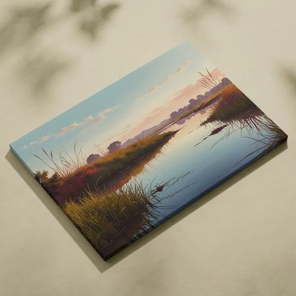 Sunset landscape canvas wall art with watercolor nature scene and reflective water.