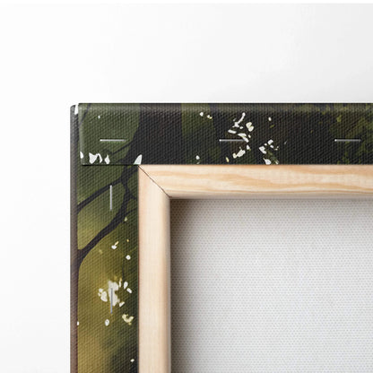 Close-up of wooden frame corner on canvas wall art with dark green forest watercolor design.