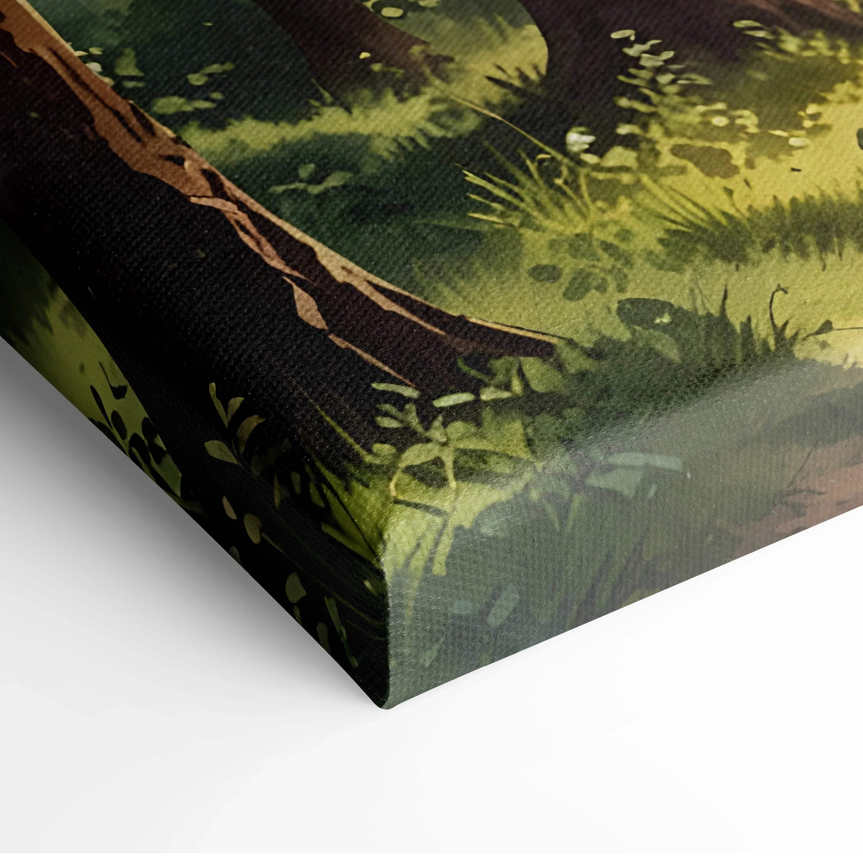 Sunset forest watercolor art on textured canvas showcasing trees and glowing foliage wall art.