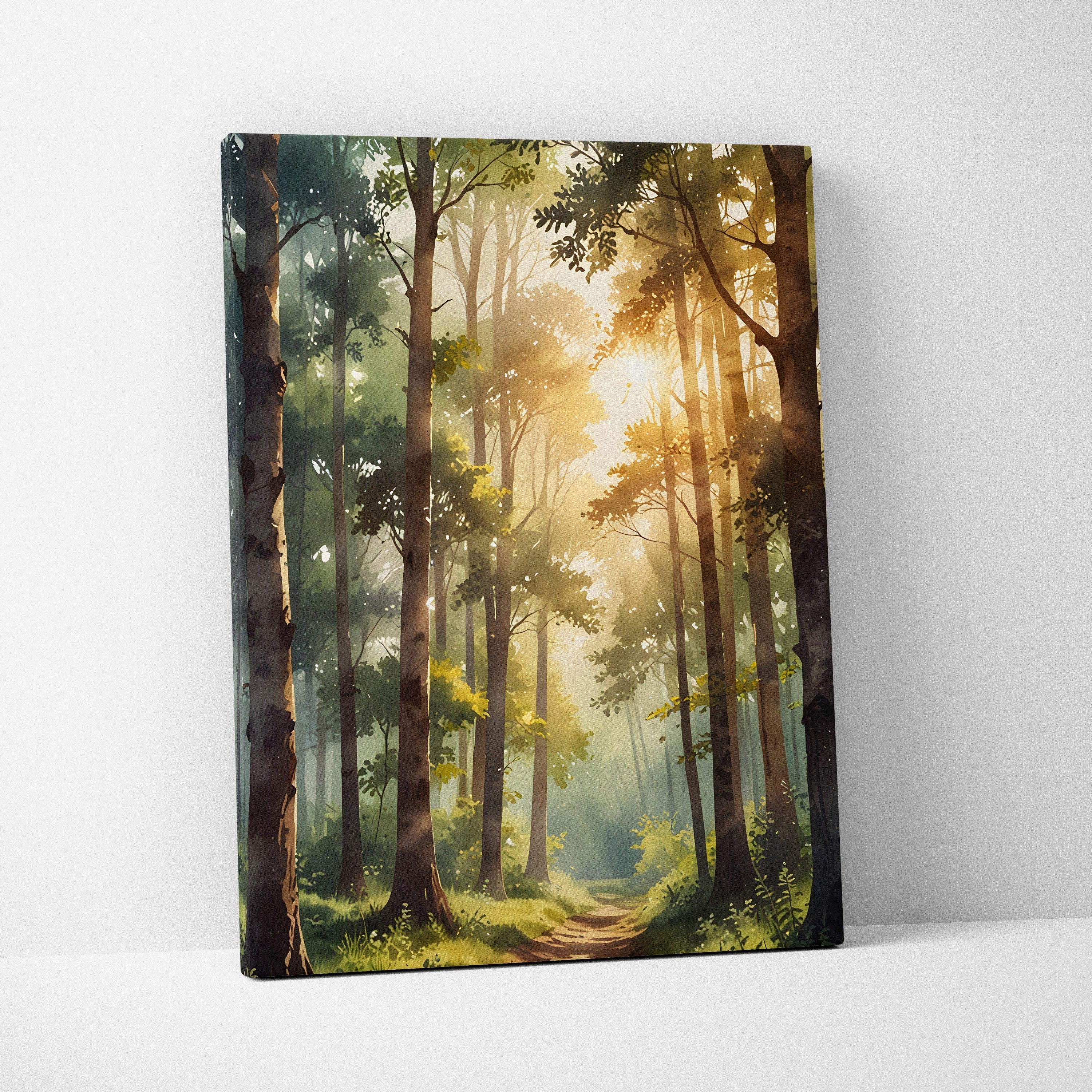 Vertical canvas wall art featuring a glowing sunset filtering through tall forest trees with a soft watercolor effect.
