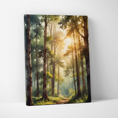 Vertical canvas wall art featuring a glowing sunset filtering through tall forest trees with a soft watercolor effect.
