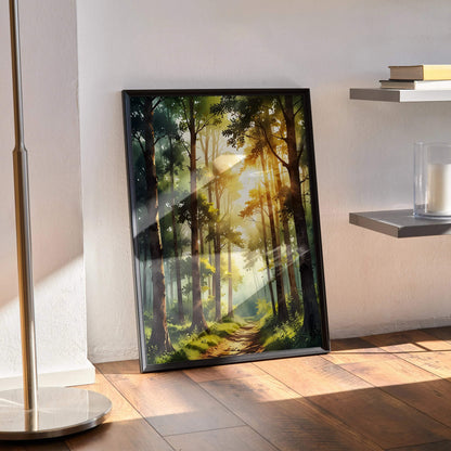 Vertical watercolor style forest wall art poster with sunlight filtering through trees in black frame.