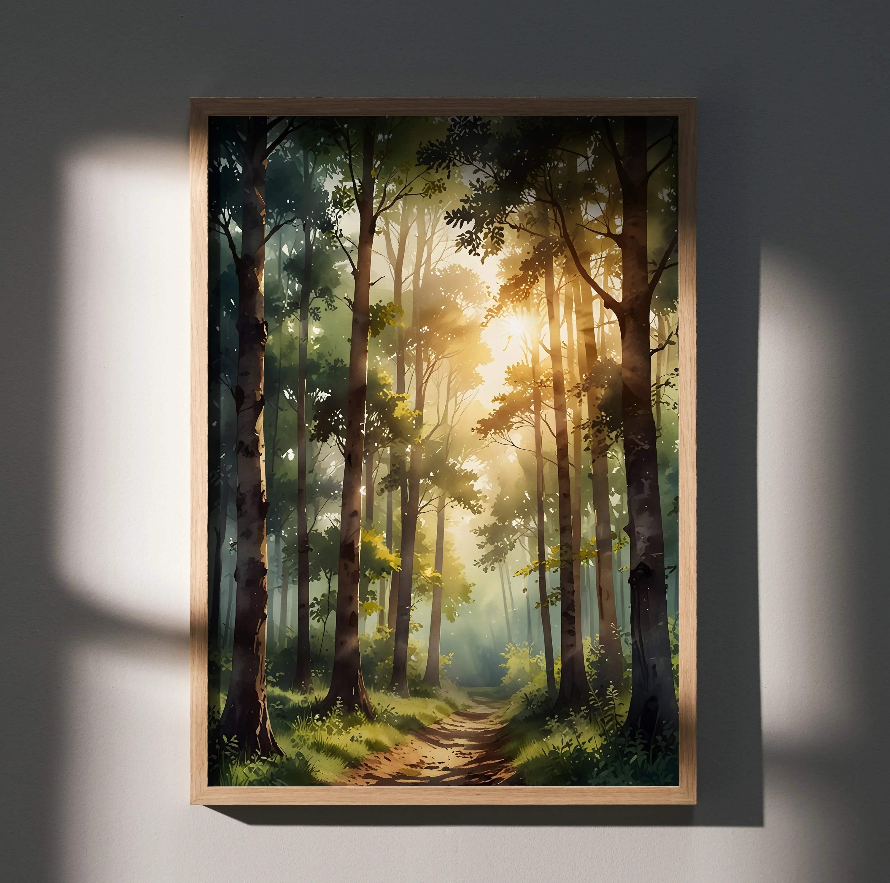 Vertical watercolor style forest nature wall art poster with sunlight filtering through tall trees.