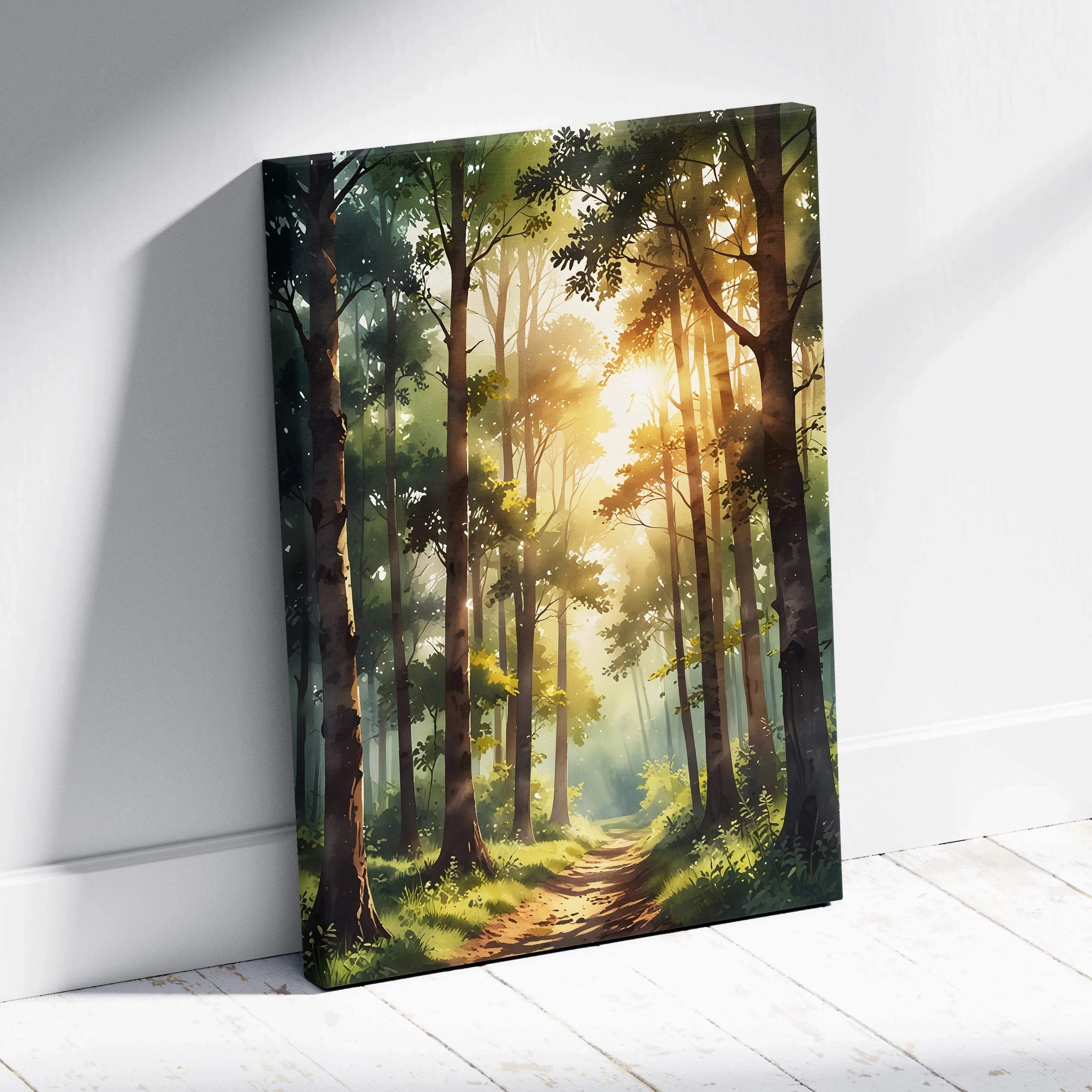 Sunset forest watercolor canvas wall art with sun rays filtering through tall trees on a woodland path.