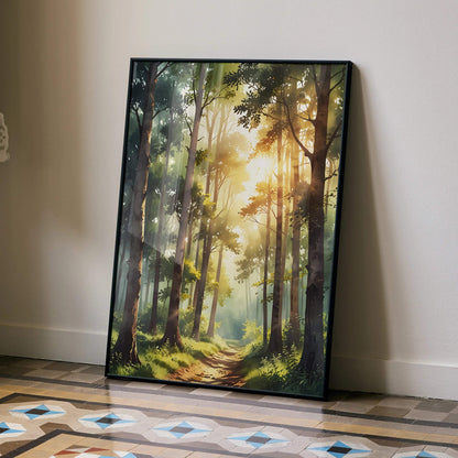 Vertical watercolor style forest scene poster with sunlight filtering through tall trees, nature wall art.