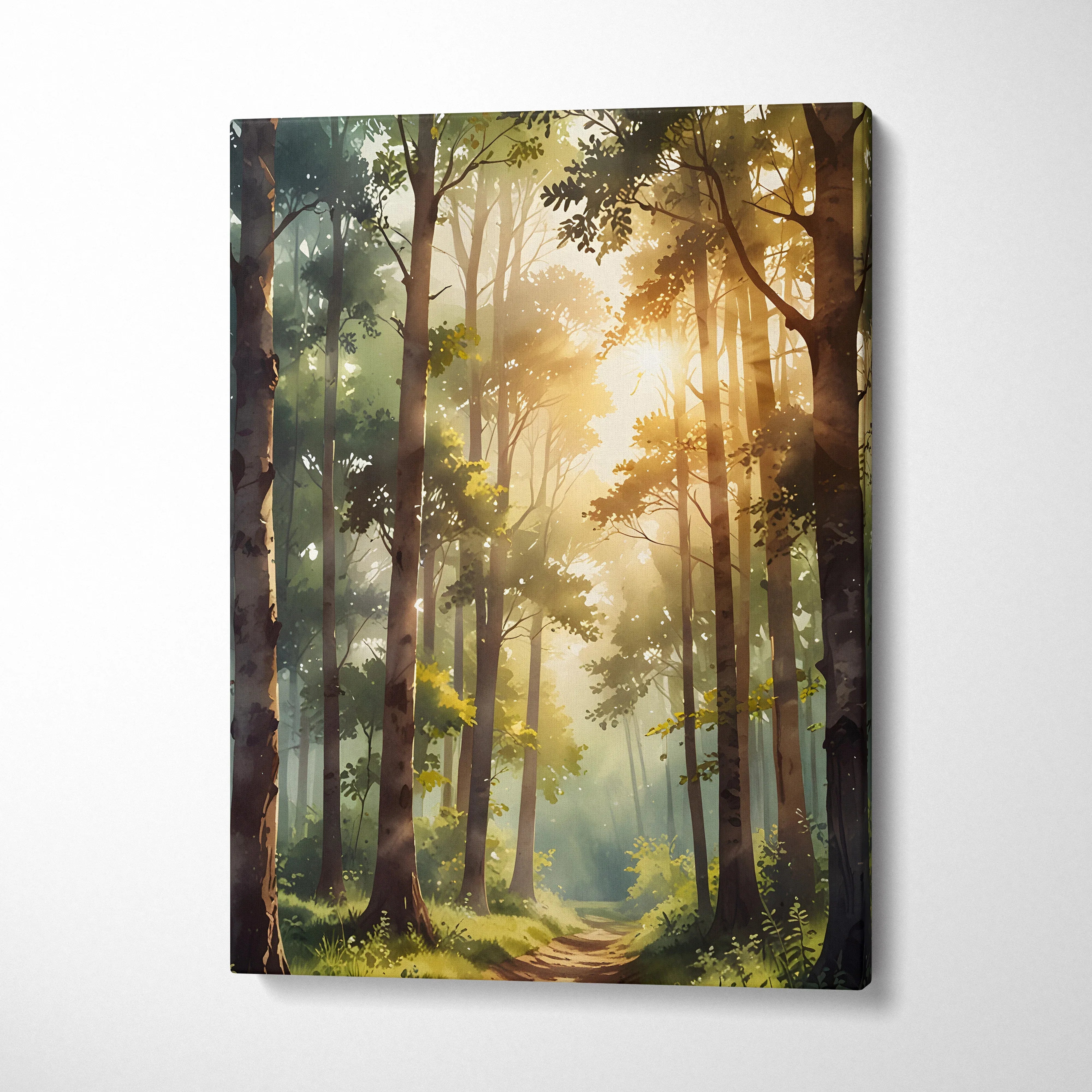 Sunset forest scene watercolor art on vertical canvas wall art with warm light filtering through trees.