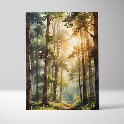 Vertical canvas wall art featuring a vibrant watercolor forest scene at sunset with tall trees and soft light rays.
