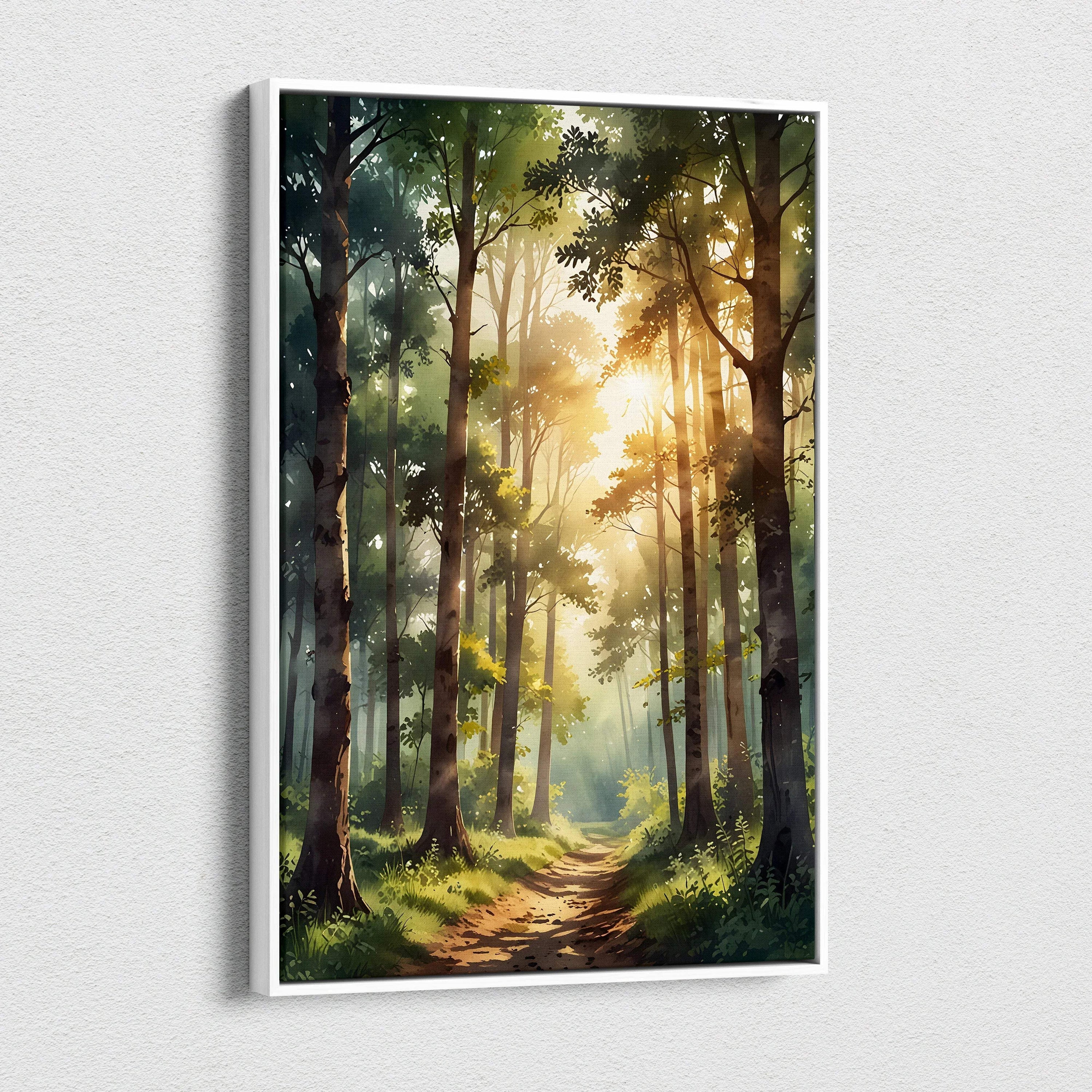 Vertical canvas wall art of a sunlit forest path at sunset in watercolor style.
