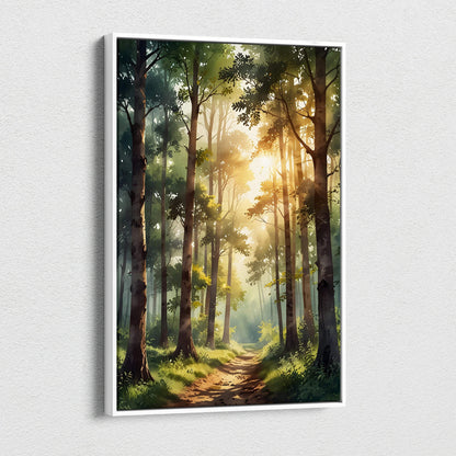 Vertical canvas wall art of a sunlit forest path at sunset in watercolor style.