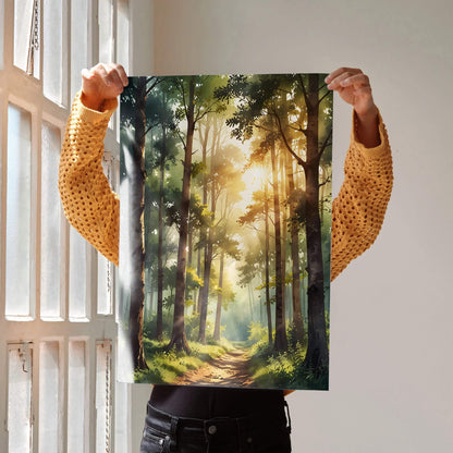 Vertical watercolor style forest wall art poster with sunlit pathway through tall trees.