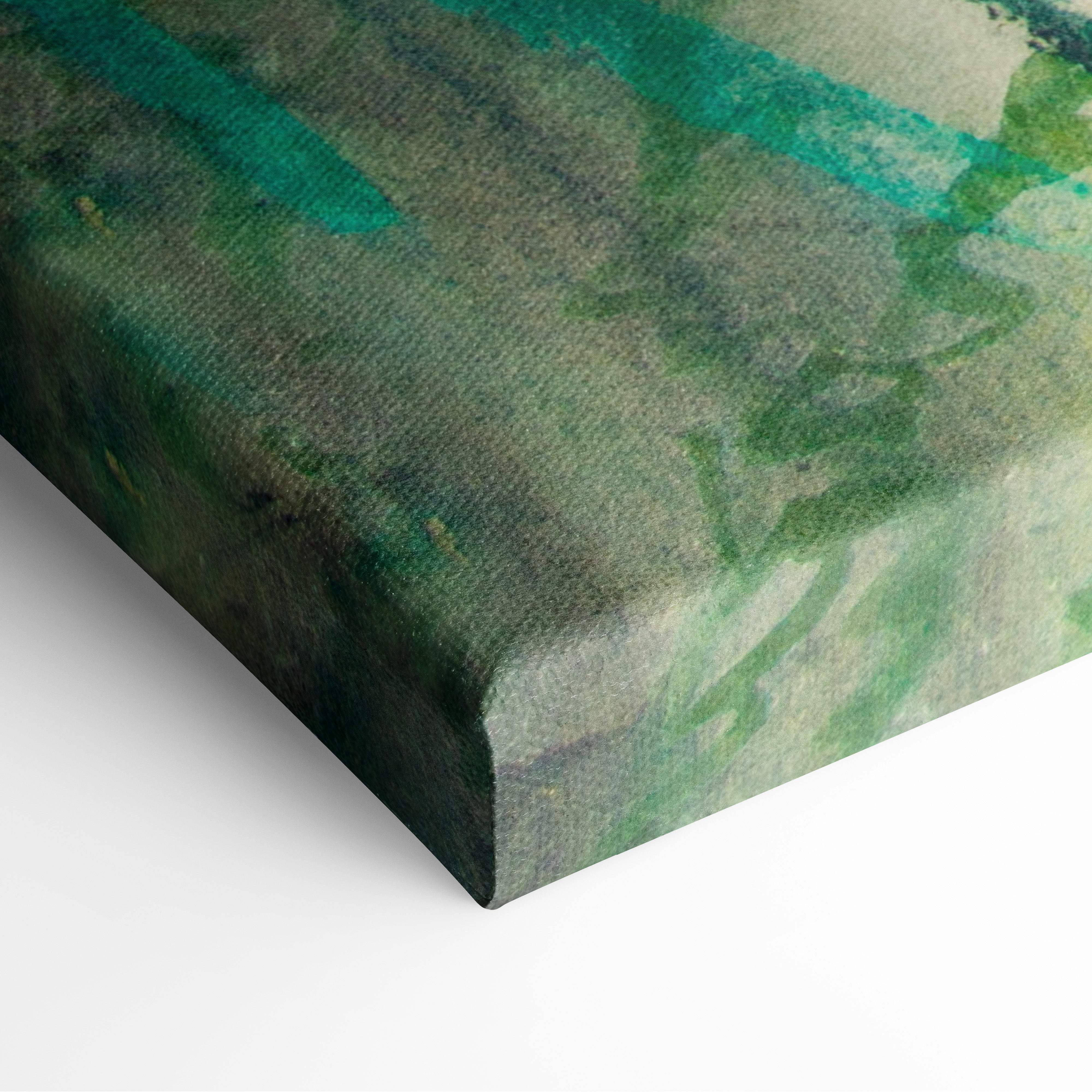 A textured canvas print of abstract watercolor washes in teal green and gray for peaceful zen pond wall art