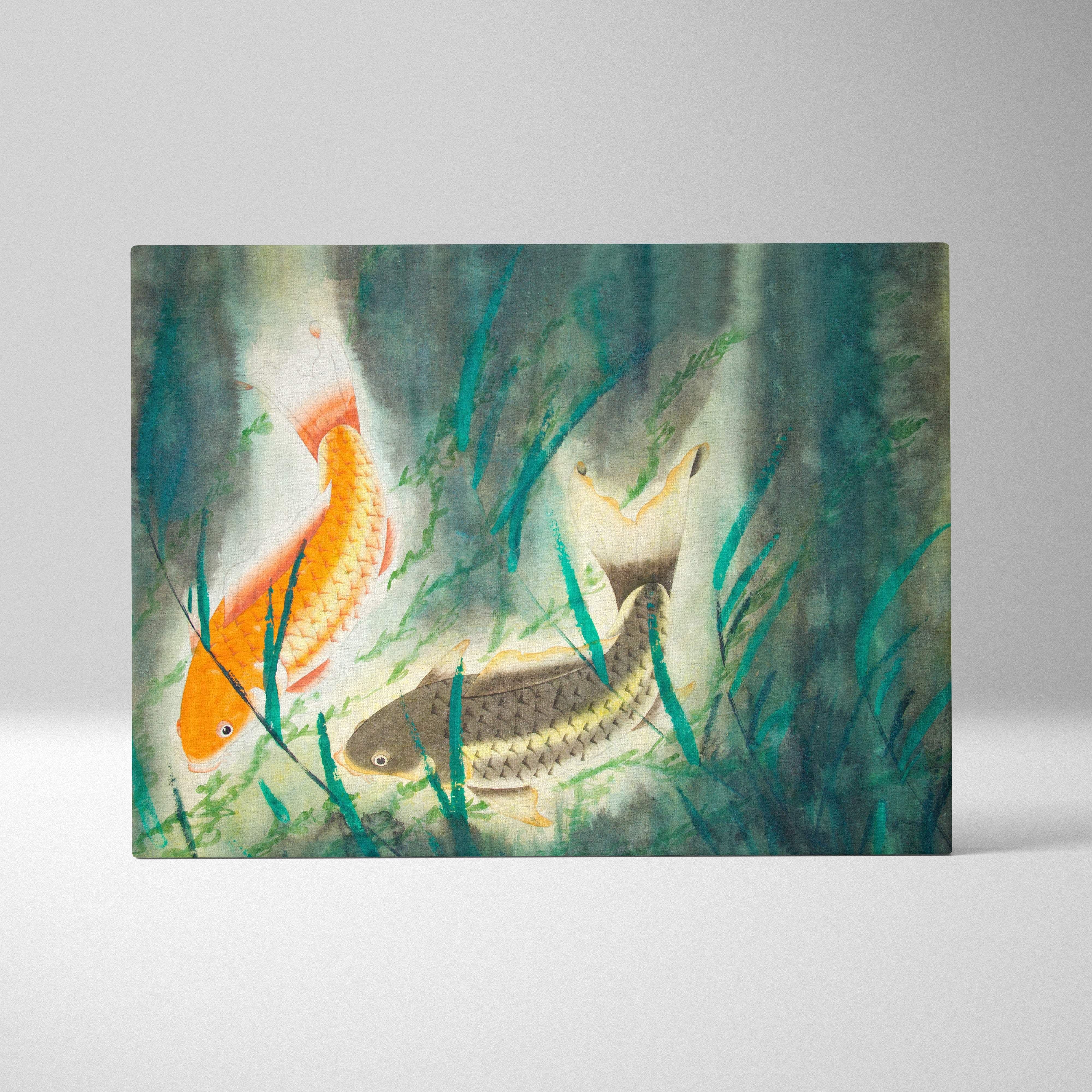Watercolor painting of two orange koi fish swimming among teal green aquatic plants on rectangular canvas wall art
