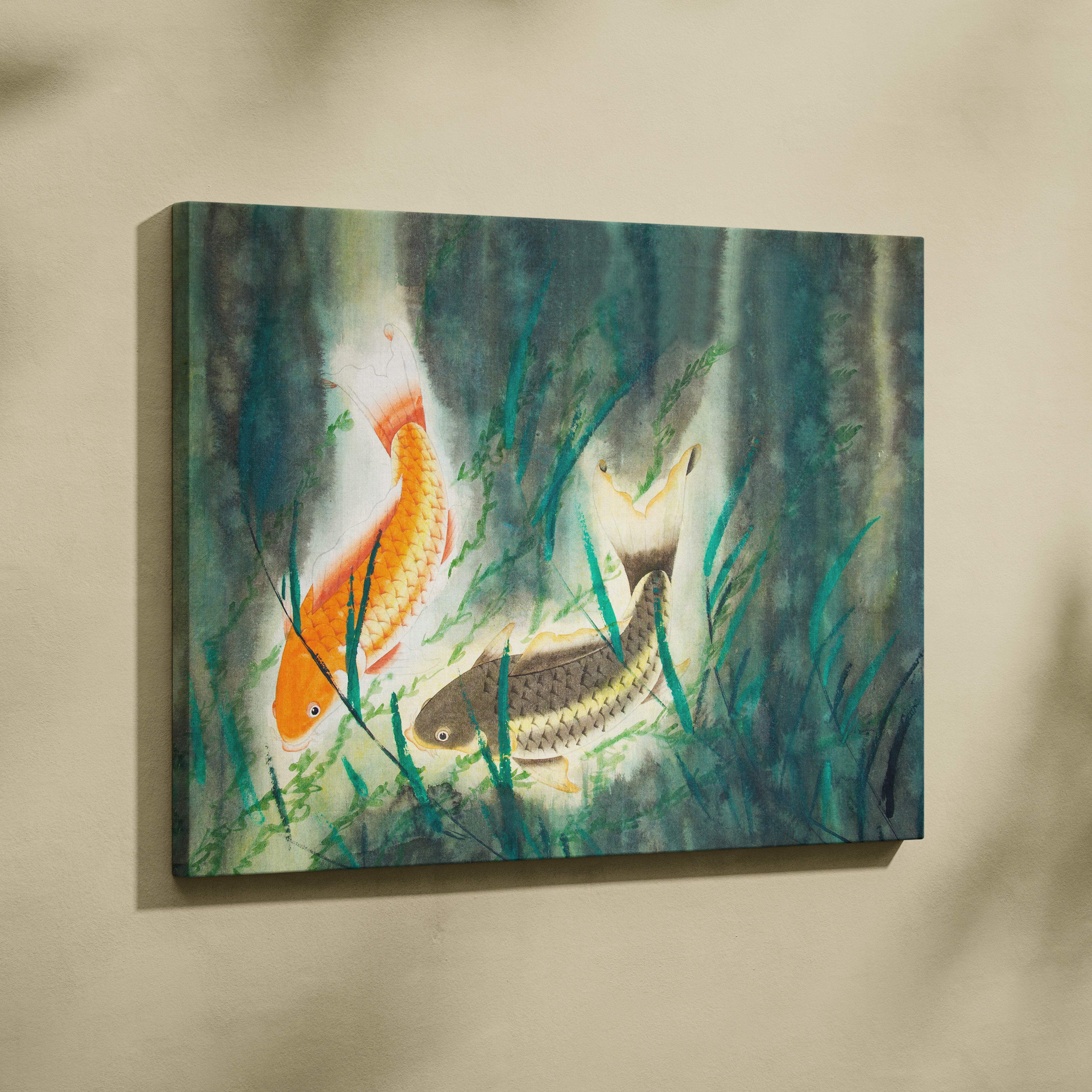 Orange koi fish canvas wall art with vibrant orange and gray fish swimming among green plants on teal watercolor background