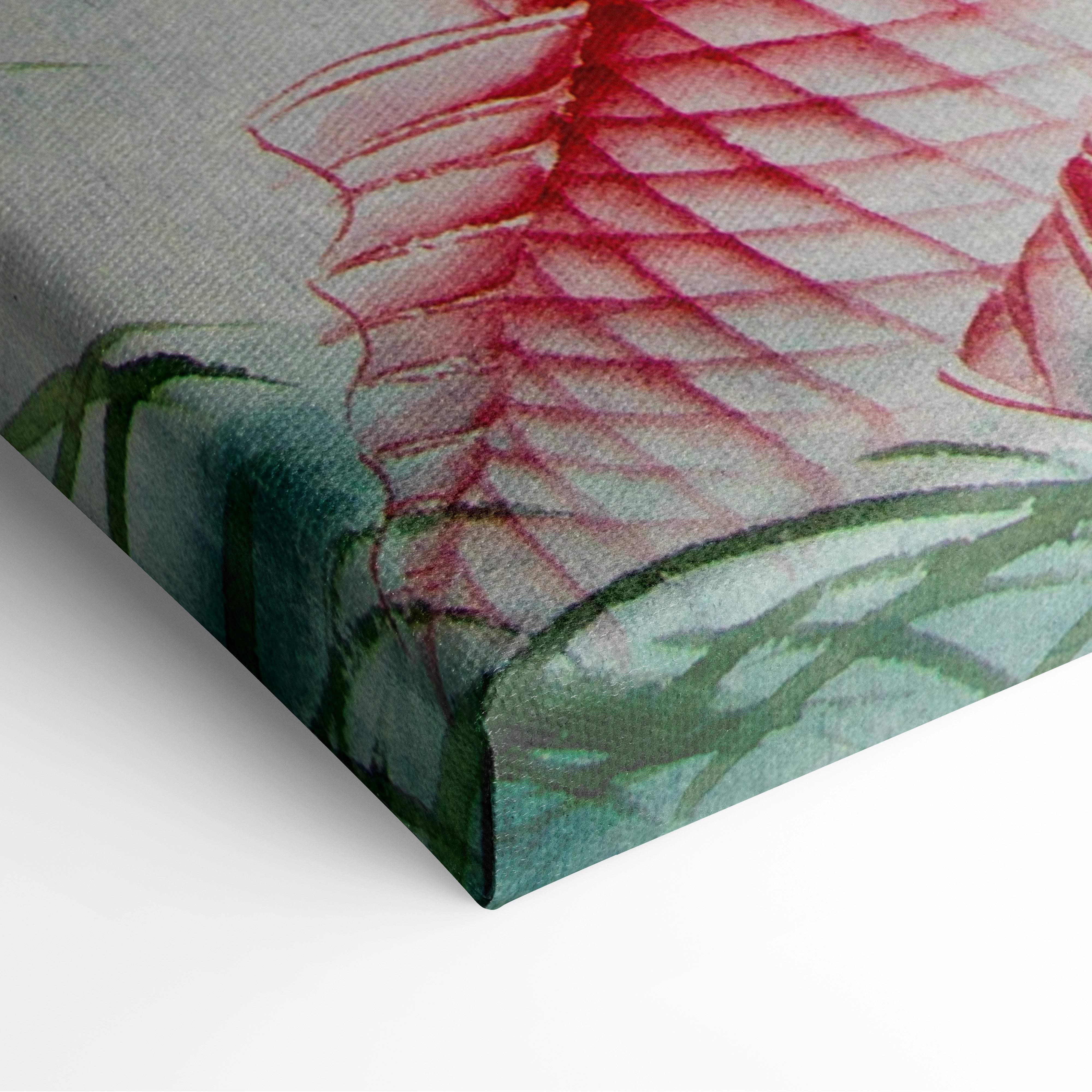 Pink koi fish canvas wall art features a watercolor red fish with detailed scales on green aquatic plants for zen decor