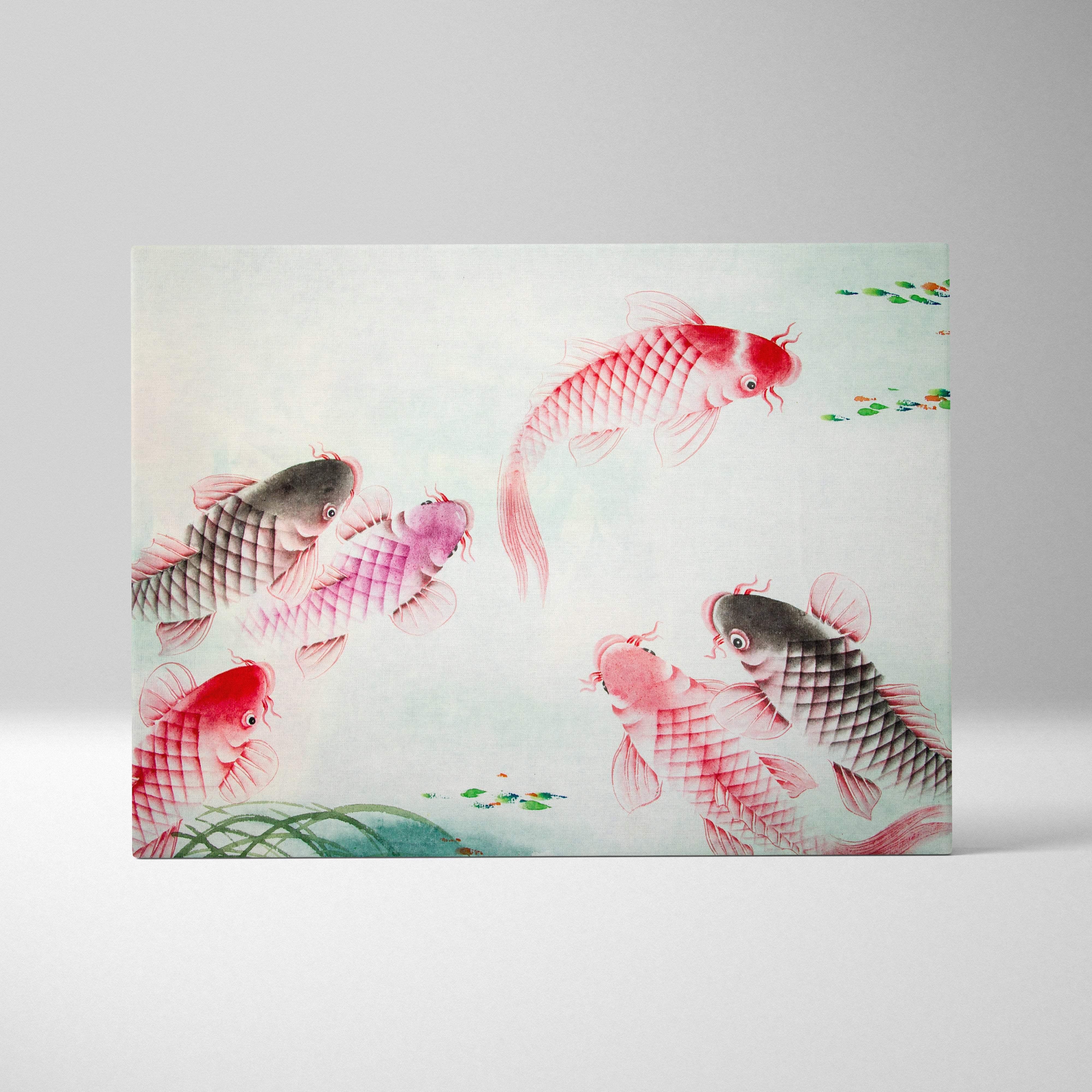 Rectangular canvas wall art featuring pink and red koi fish watercolor painting on soft light green background for zen decor