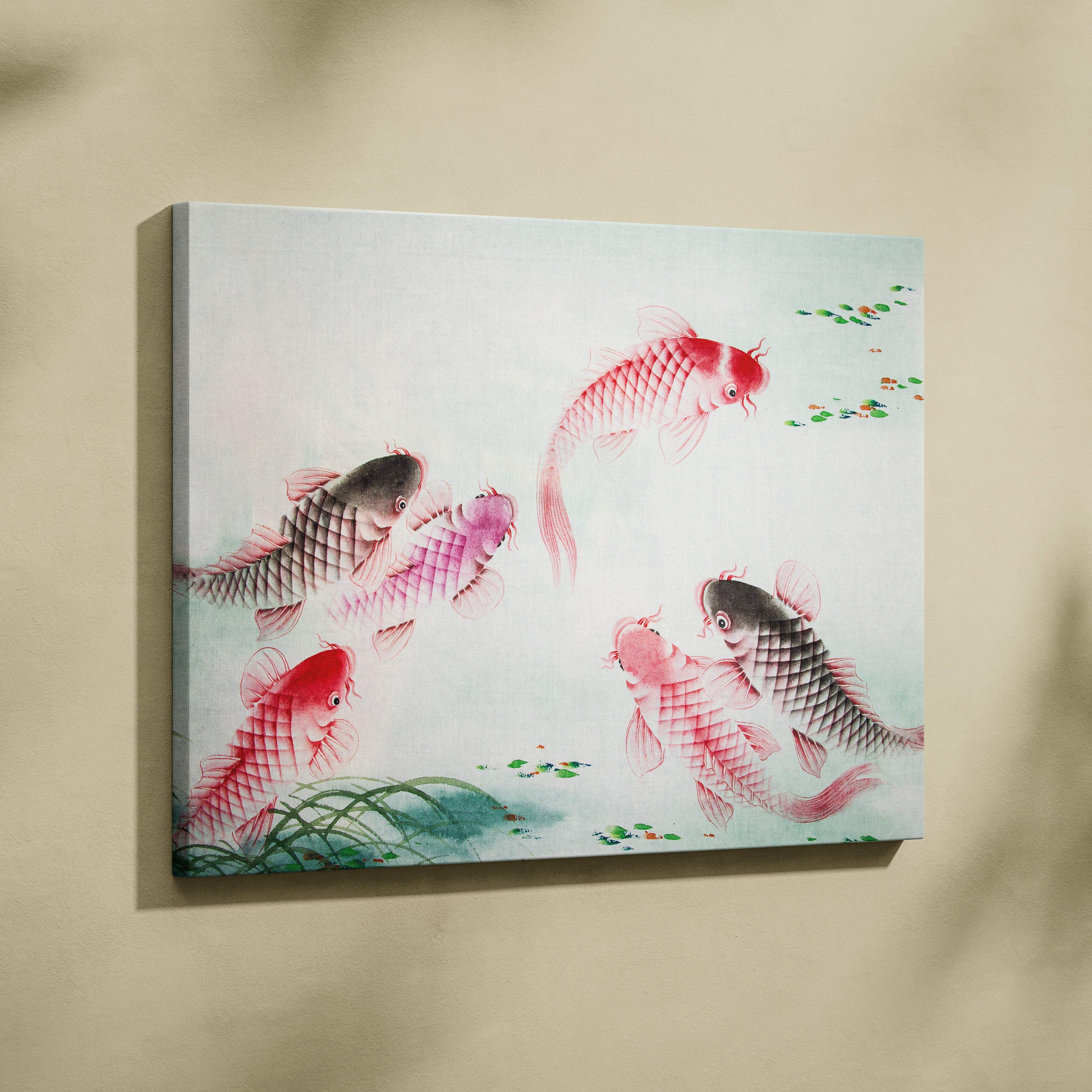 Pink koi fish canvas wall art with traditional watercolor koi in pink red and gray among green aquatic plants for zen decor