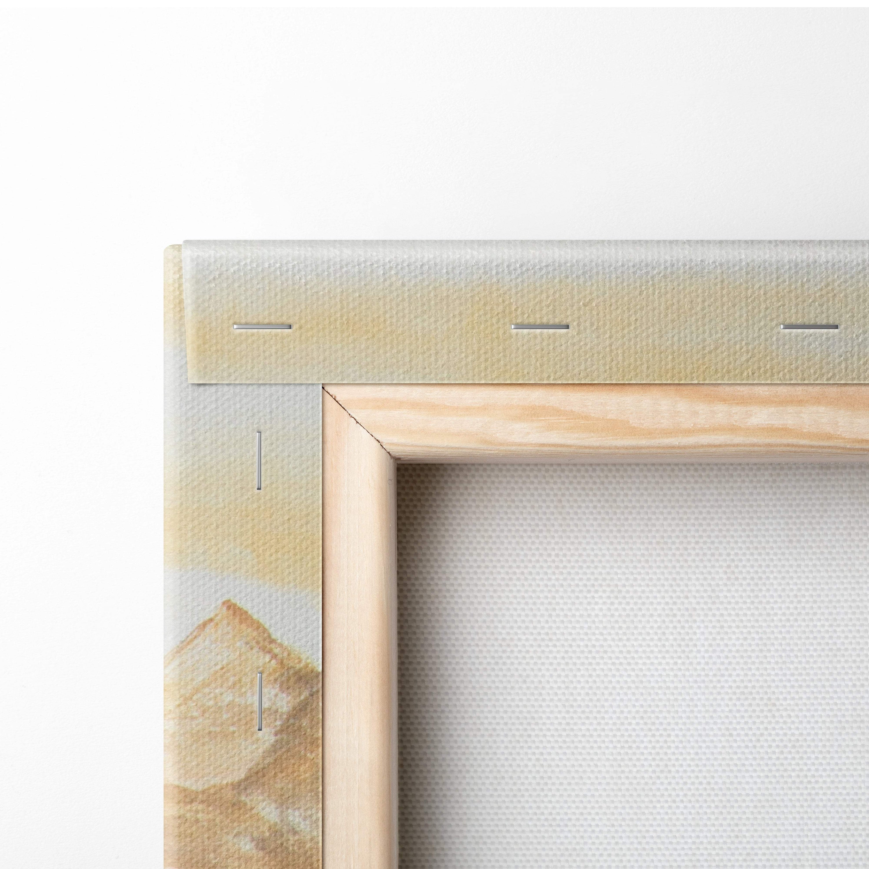 Light wood-framed canvas print with subtle beige and cream asian mountain landscape for serene living room decor